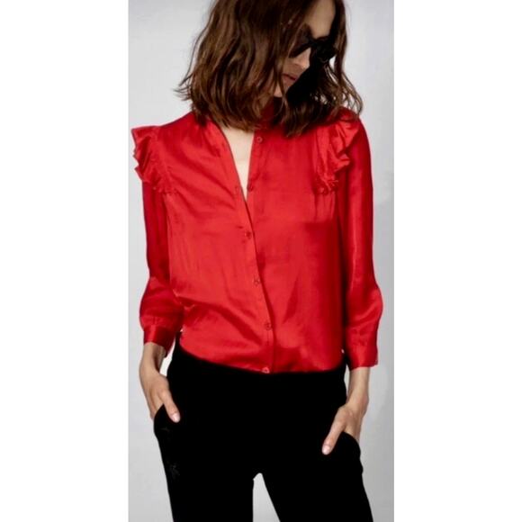Zadig & Voltaire Tygg Satin Button Front Blouse Red  M - Picture 1 of 16